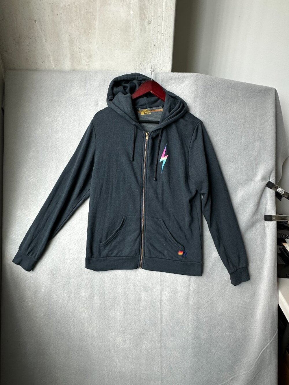 Aviator Nation Hoodie Mens Large Charcoal Gray Bolt Zip Neon Full Zip Hooded